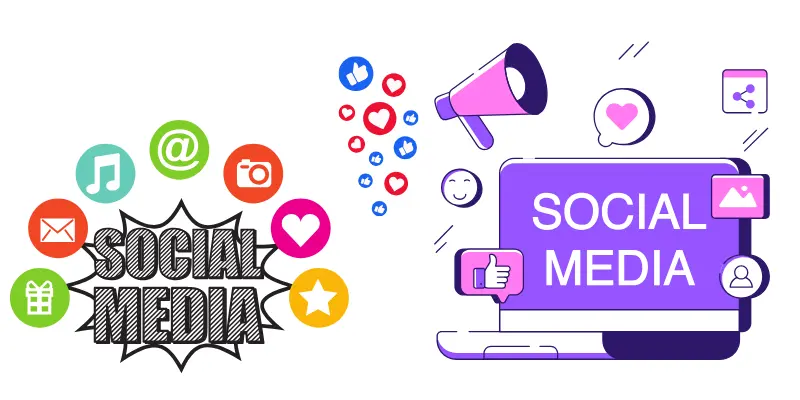 a laptop with a megaphone and a social media icons and reactions